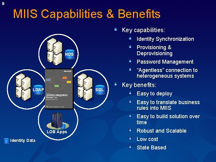 9 MIIS Capabilities & Benefits Key capabilities: Identity Synchronization Provisioning & Deprovisioning NOS Password