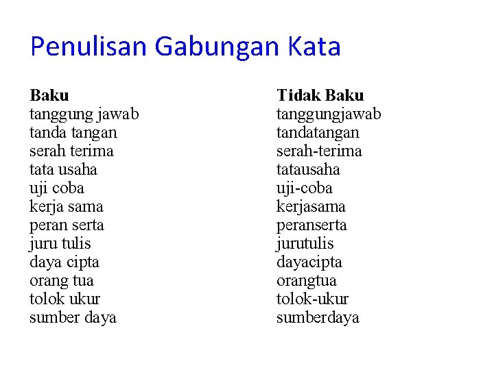 Penulisan Gabungan Kata Baku tanggung jawab tanda tangan serah terima tata usaha uji coba