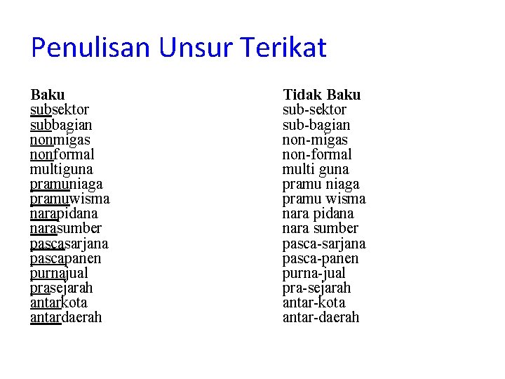 Penulisan Unsur Terikat Baku subsektor subbagian nonmigas nonformal multiguna pramuniaga pramuwisma narapidana narasumber pascasarjana