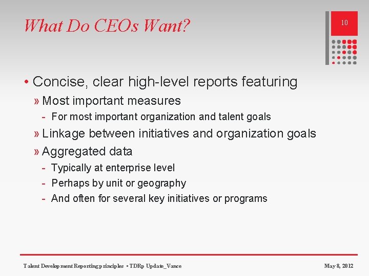 What Do CEOs Want? 10 • Concise, clear high-level reports featuring » Most important