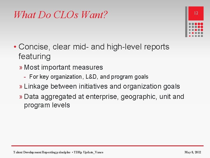 What Do CLOs Want? 12 • Concise, clear mid- and high-level reports featuring »