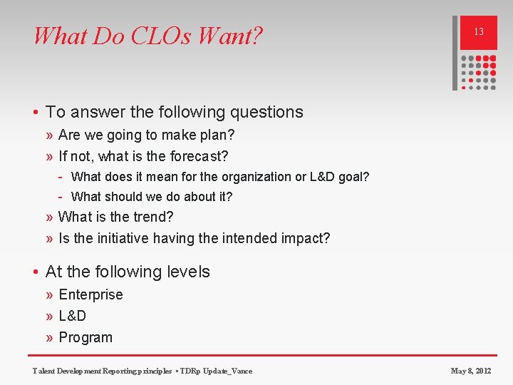 What Do CLOs Want? 13 • To answer the following questions » Are we