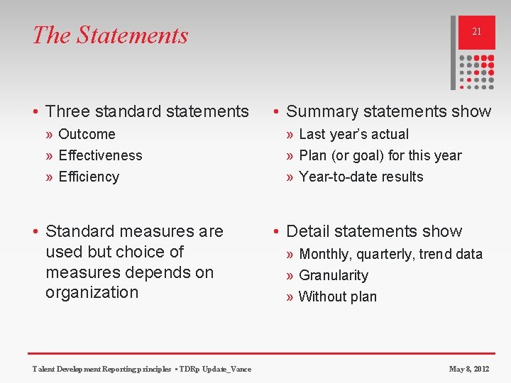 The Statements • Three standard statements » Outcome » Effectiveness » Efficiency • Standard