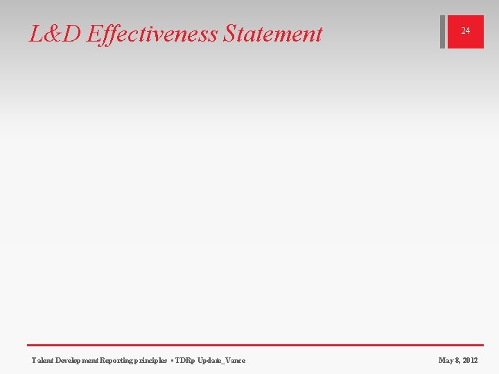 L&D Effectiveness Statement Talent Development Reporting principles • TDRp Update_Vance 24 May 8, 2012