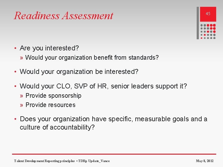 Readiness Assessment 45 • Are you interested? » Would your organization benefit from standards?