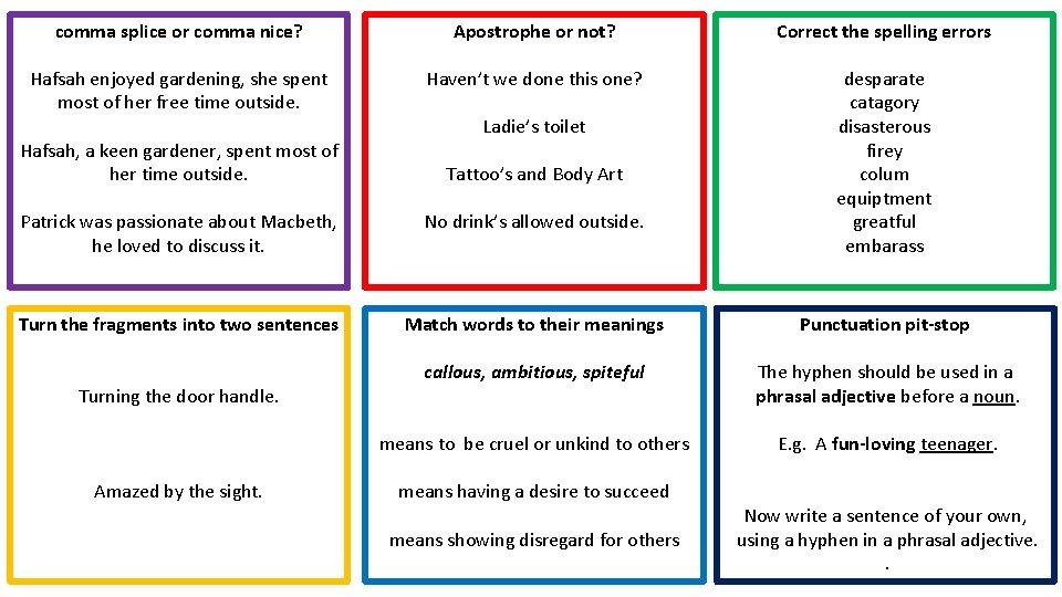 comma splice or comma nice? Apostrophe or not? Correct the spelling errors Hafsah enjoyed