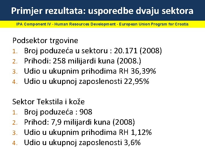 Primjer rezultata: usporedbe dvaju sektora IPA Component IV - Human Resources Development - European