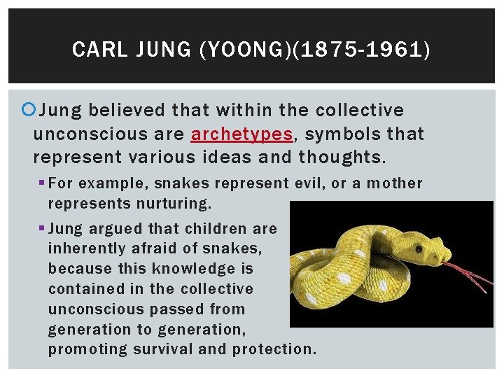 CARL JUNG (YOONG)(1875 -1961) Jung believed that within the collective unconscious are archetypes, symbols