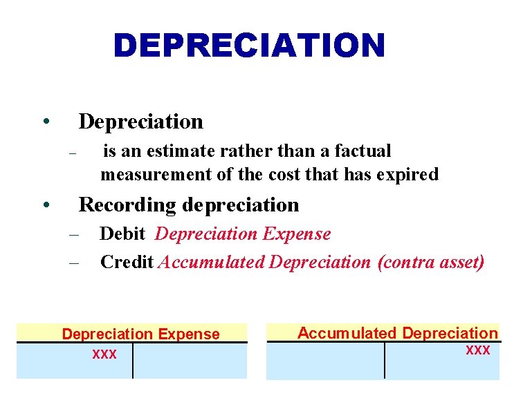 DEPRECIATION • Depreciation is an estimate rather than a factual measurement of the cost