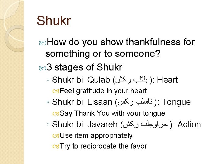 Shukr How do you show thankfulness for something or to someone? 3 stages of