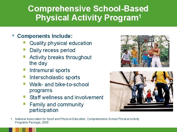 Comprehensive School-Based Physical Activity Program 1 • Components include: § Quality physical education §