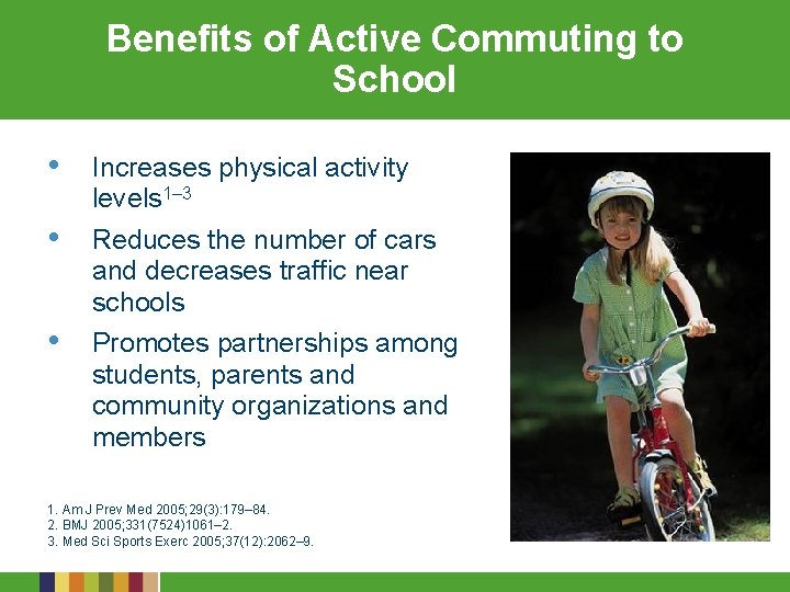 Benefits of Active Commuting to School • • • Increases physical activity levels 1–