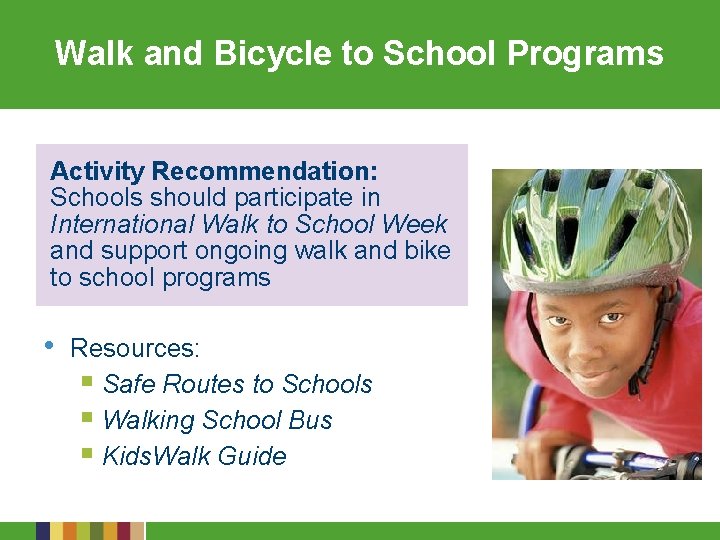 Walk and Bicycle to School Programs Activity Recommendation: Schools should participate in International Walk