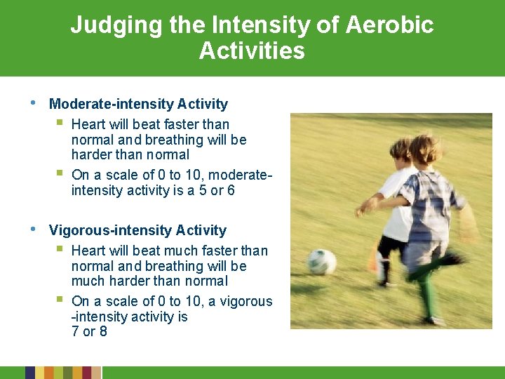 Judging the Intensity of Aerobic Activities • Moderate-intensity Activity § Heart will beat faster