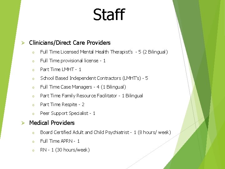 Staff Ø Ø Clinicians/Direct Care Providers o Full Time Licensed Mental Health Therapist’s -