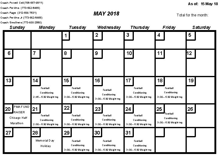 Coach Powell Cell(708 -557 -6811) As of: 15 May 18 Coach Perkins (773 -562