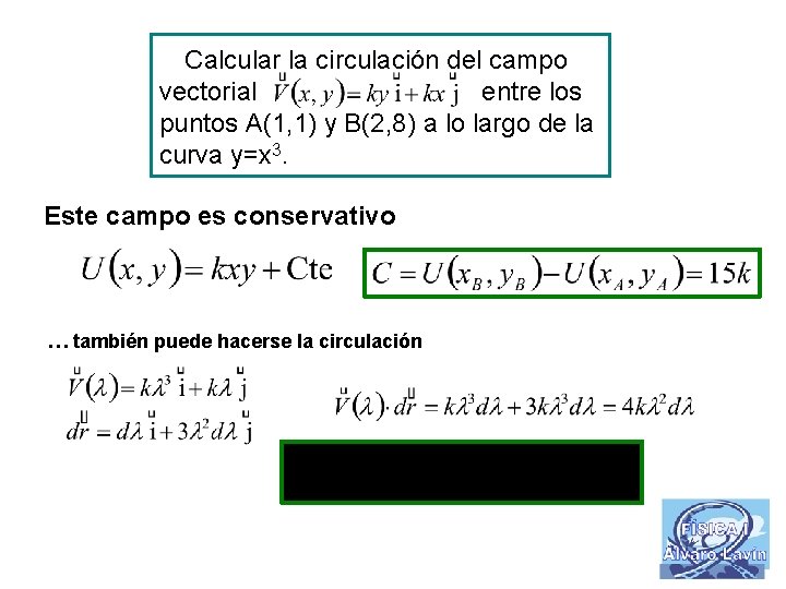 Calcular la circulación del campo vectorial entre los puntos A(1, 1) y B(2, 8)