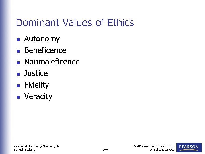 Dominant Values of Ethics n n n Autonomy Beneficence Nonmaleficence Justice Fidelity Veracity Groups: