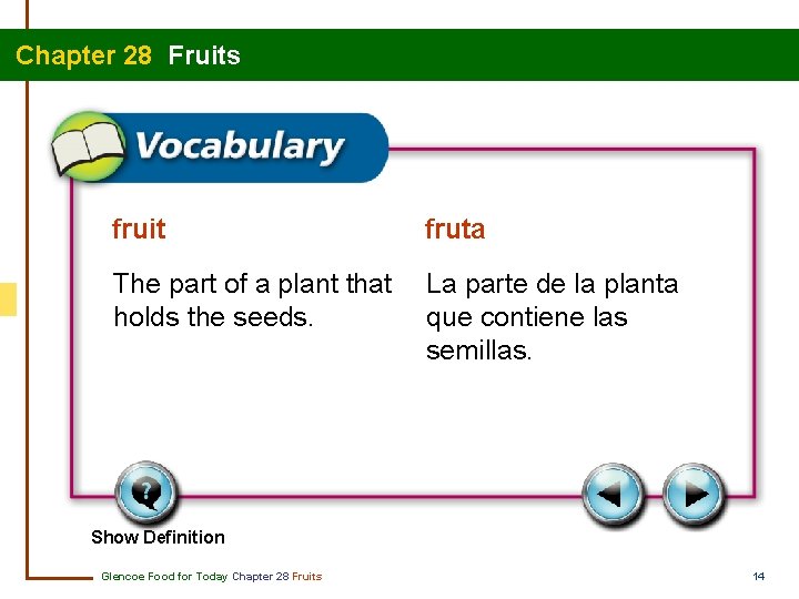 Chapter 28 Fruits fruit fruta The part of a plant that holds the seeds.