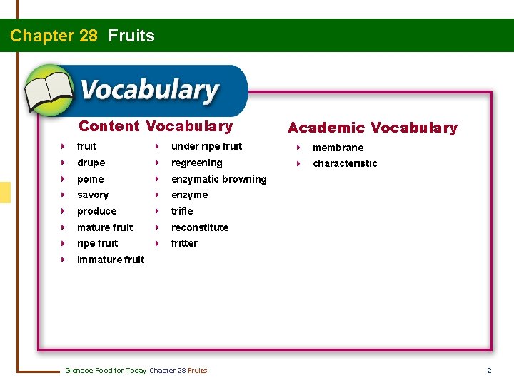 Chapter 28 Fruits Content Vocabulary Academic Vocabulary fruit under ripe fruit membrane drupe regreening