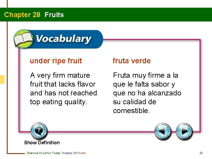 Chapter 28 Fruits under ripe fruit fruta verde A very firm mature fruit that