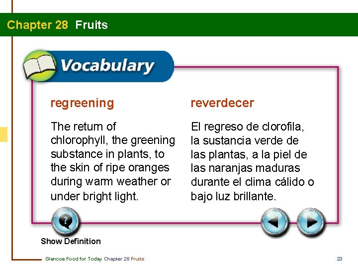 Chapter 28 Fruits regreening reverdecer The return of chlorophyll, the greening substance in plants,