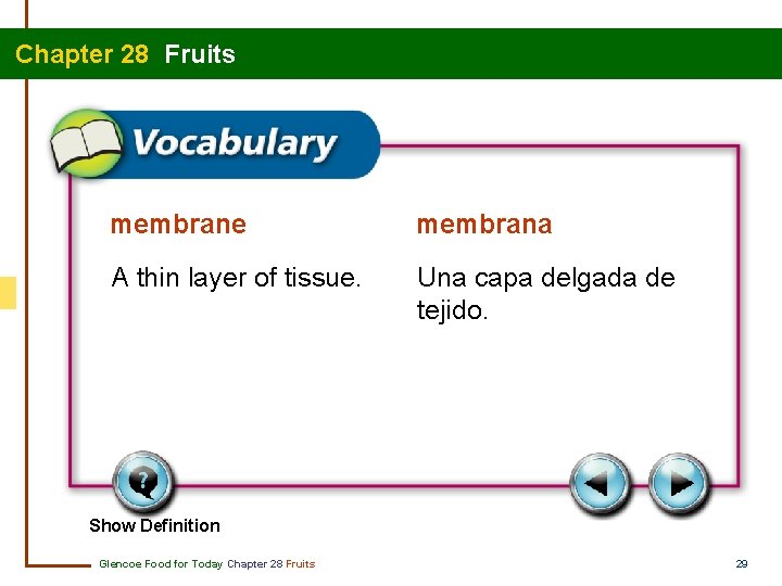 Chapter 28 Fruits membrane membrana A thin layer of tissue. Una capa delgada de