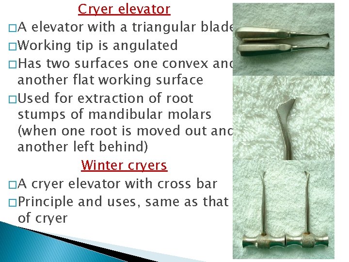 Cryer elevator � A elevator with a triangular blade � Working tip is angulated