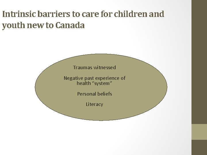 Intrinsic barriers to care for children and youth new to Canada Traumas witnessed Negative