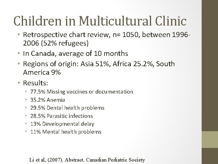 Children in Multicultural Clinic • Retrospective chart review, n= 1050, between 19962006 (52% refugees)