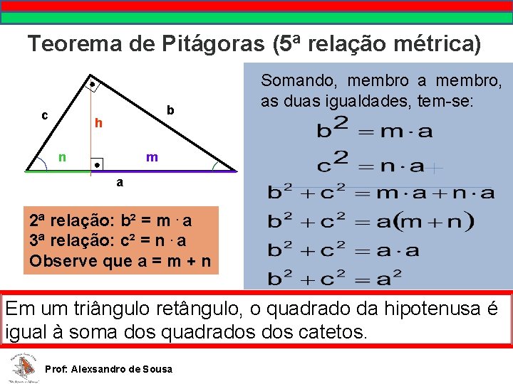 Teorema de Pitágoras (5ª relação métrica) c b h n Somando, membro a membro,