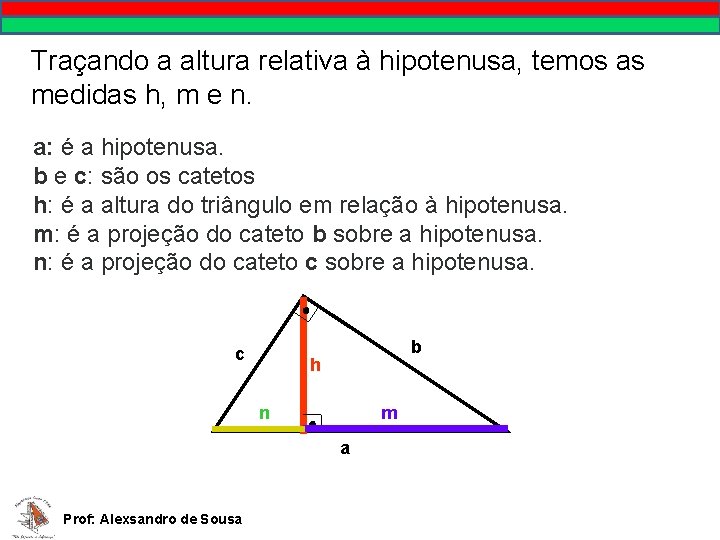 Traçando a altura relativa à hipotenusa, temos as medidas h, m e n. a:
