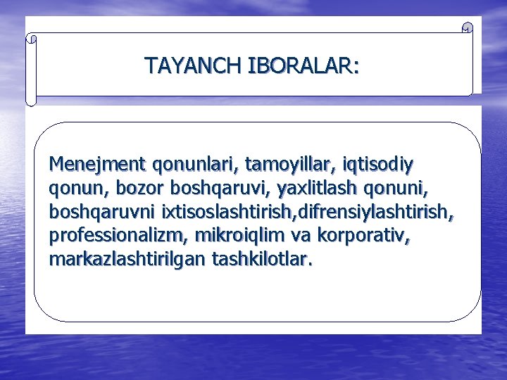 TAYANCH IBORALAR: Menejment qonunlari, tamoyillar, iqtisodiy qonun, bozor boshqaruvi, yaxlitlash qonuni, boshqaruvni ixtisoslashtirish, difrensiylashtirish,