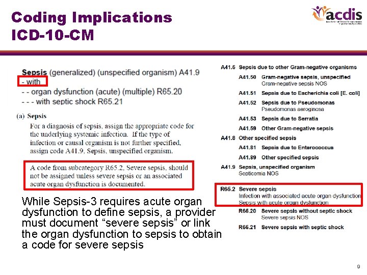 Coding Implications ICD-10 -CM While Sepsis-3 requires acute organ dysfunction to define sepsis, a