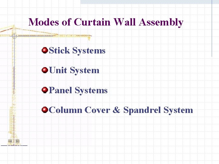 Modes of Curtain Wall Assembly Stick Systems Unit System Panel Systems Column Cover &