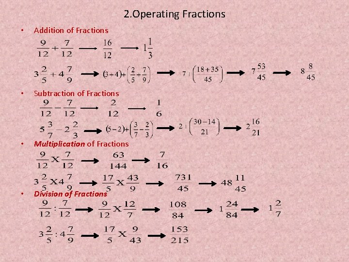 2. Operating Fractions • Addition of Fractions • Subtraction of Fractions • Multiplication of