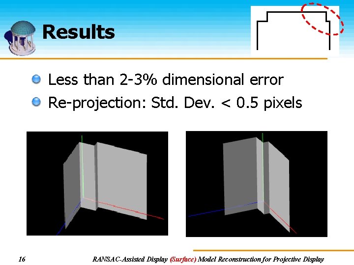Results Less than 2 -3% dimensional error Re-projection: Std. Dev. < 0. 5 pixels Results Less than 2 -3% dimensional error Re-projection: Std. Dev. < 0. 5 pixels