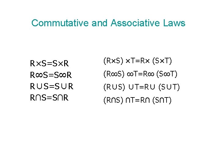 Commutative and Associative Laws R×S=S×R R∞S=S∞R R∪S=S∪R R∩S=S∩R (R×S) ×T=R× (S×T) (R∞S) ∞T=R∞ (S∞T)