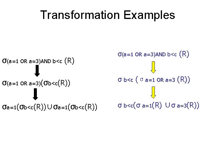 Transformation Examples σ(a=1 OR a=3)AND b<c (R) σ(a=1 OR a=3)(σb<c(R)) σ b<c (σa=1 OR