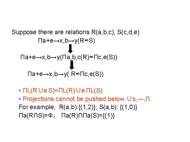 Suppose there are relations R(a, b, c), S(c, d, e) Пa+e→x, b→y(R∞S) Пa+e→x, b→y(Пa,