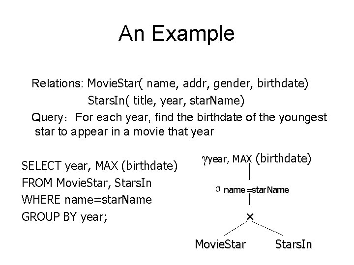 An Example Relations: Movie. Star( name, addr, gender, birthdate) Stars. In( title, year, star.