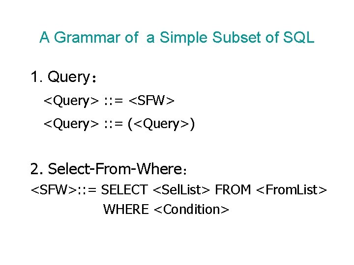 A Grammar of a Simple Subset of SQL 1. Query： <Query> : : =