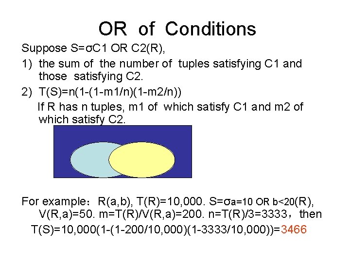 OR of Conditions Suppose S=σC 1 OR C 2(R), 1) the sum of the