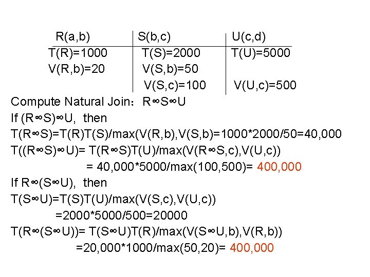 R(a, b) T(R)=1000 V(R, b)=20 S(b, c) U(c, d) T(S)=2000 T(U)=5000 V(S, b)=50 V(S,