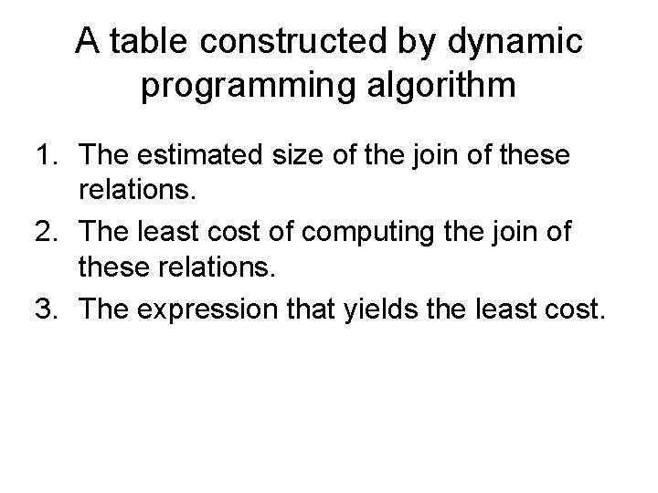 A table constructed by dynamic programming algorithm 1. The estimated size of the join