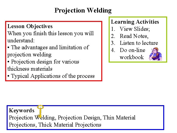 Projection Welding Lesson Objectives When you finish this lesson you will understand: • The