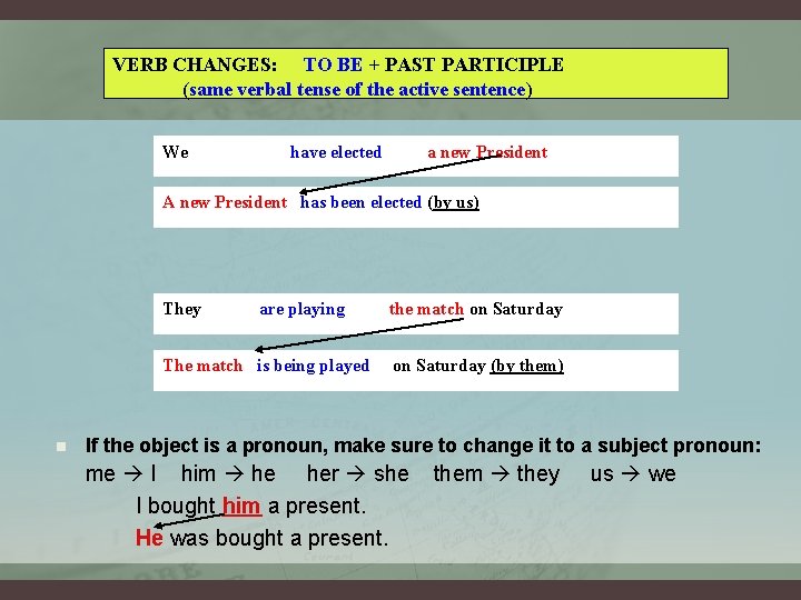 VERB CHANGES: TO BE + PAST PARTICIPLE (same verbal tense of the active sentence)