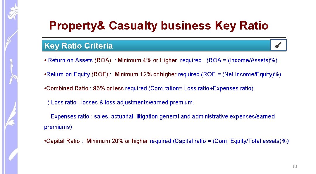 Property& Casualty business Key Ratio Criteria • Return on Assets (ROA) : Minimum 4%