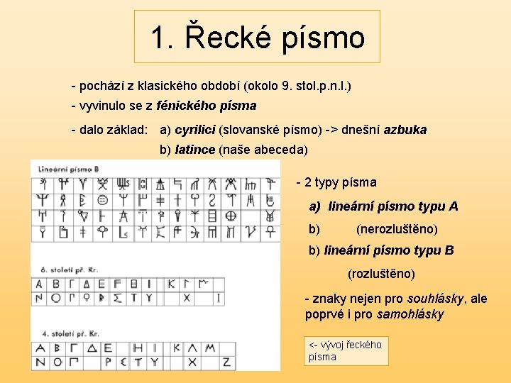 1. Řecké písmo - pochází z klasického období (okolo 9. stol. p. n. l.