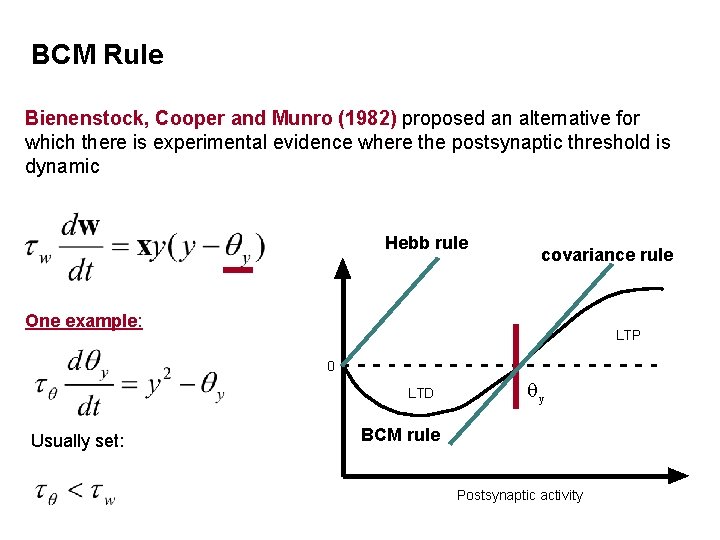 BCM Rule Bienenstock, Cooper and Munro (1982) proposed an alternative for which there is